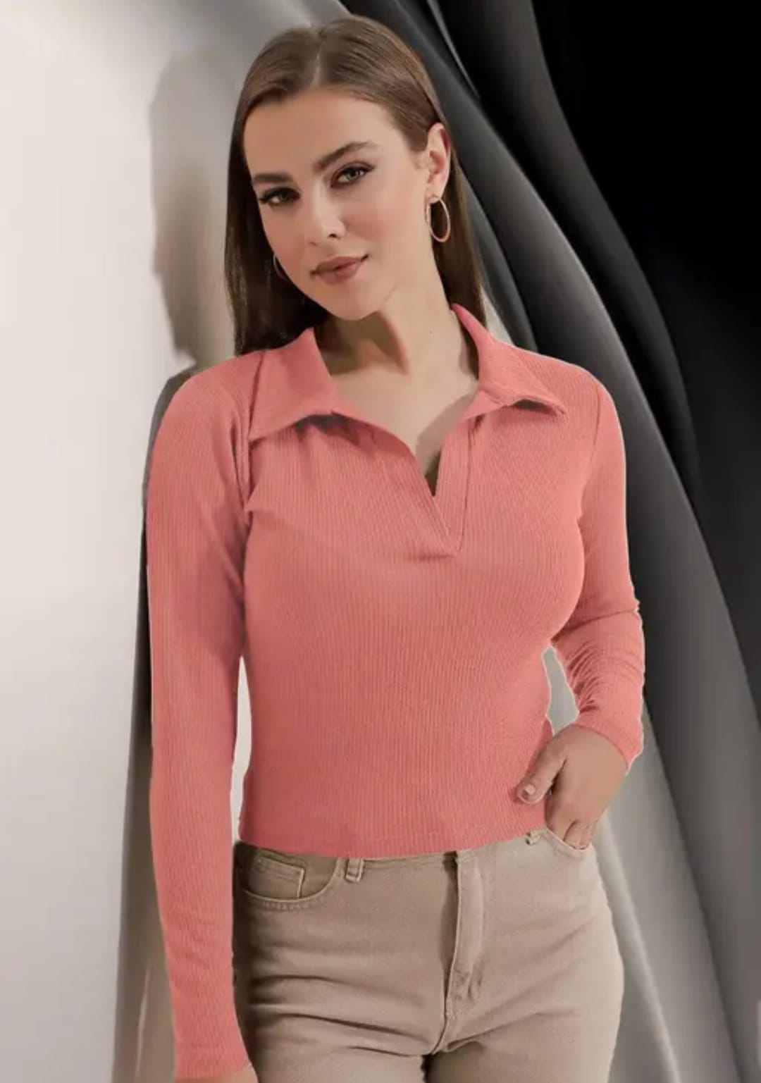 Casual Polyester Blend Ribbed Collar V-Neck & Long Sleeves Tops(20"Inches)