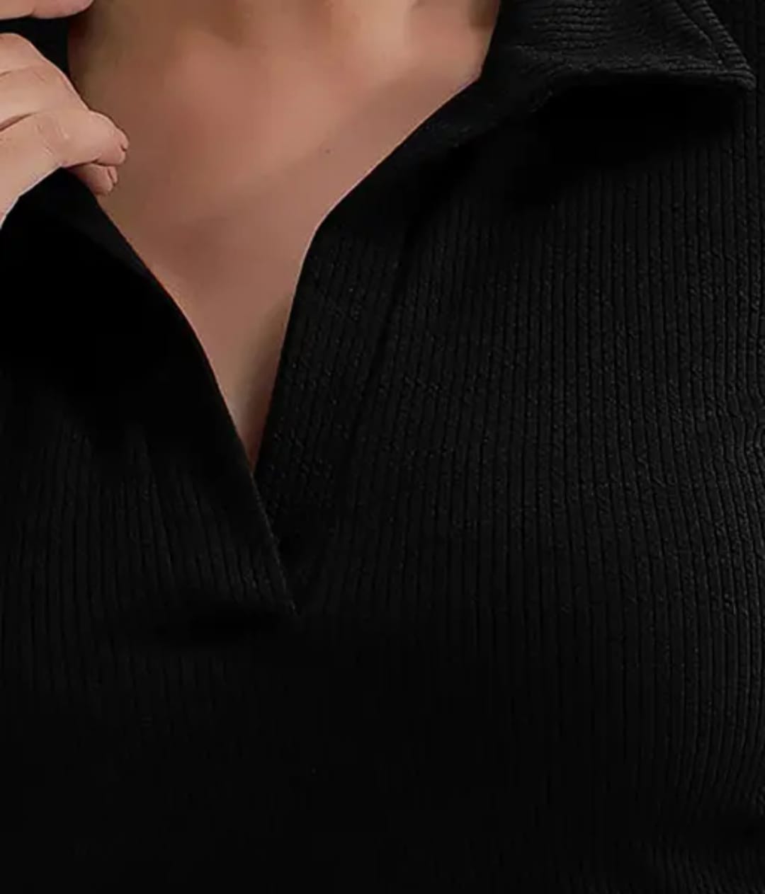 Casual Polyester Blend Ribbed Collar V-Neck & Long Sleeves Tops(20"Inches)