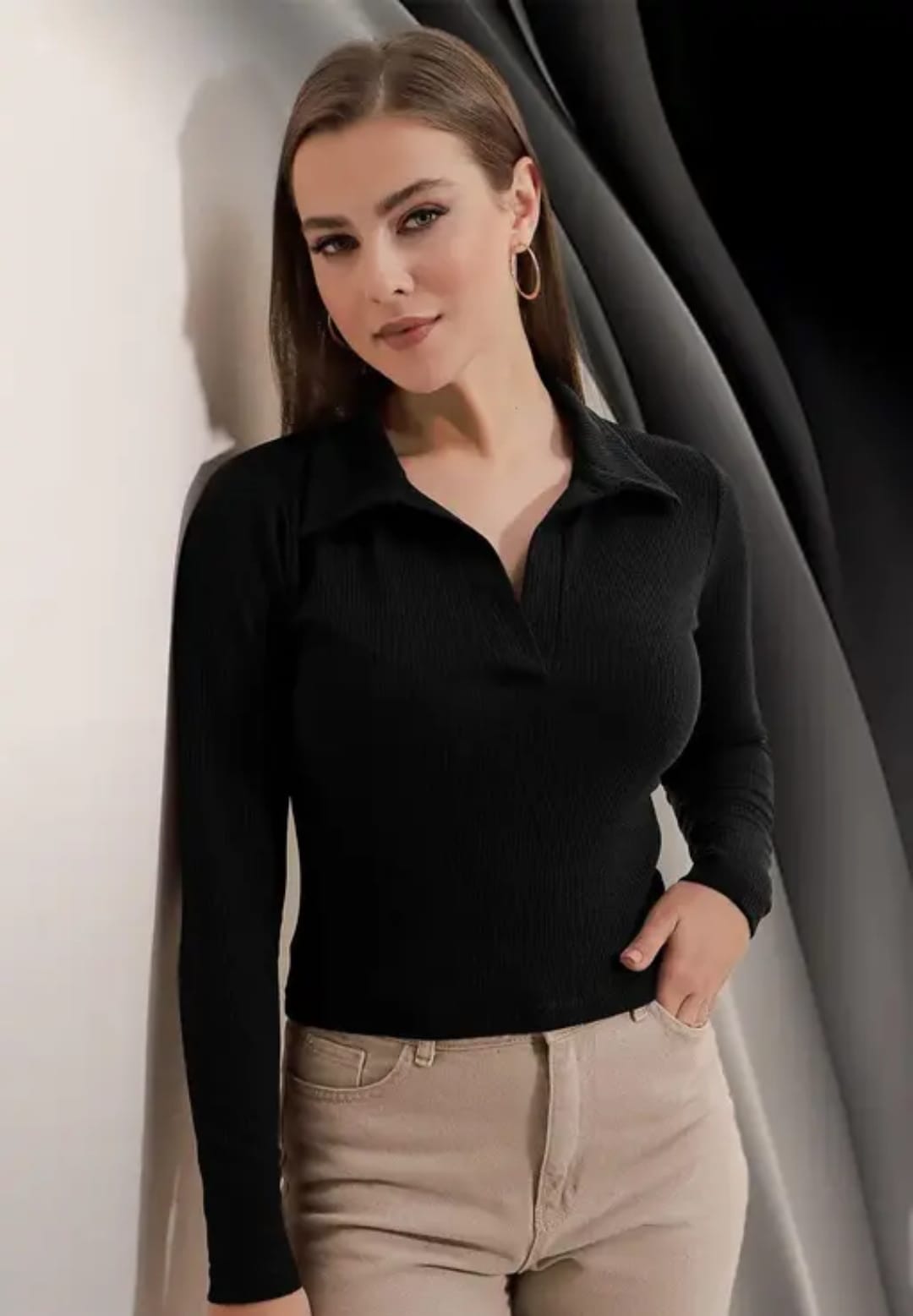 Casual Polyester Blend Ribbed Collar V-Neck & Long Sleeves Tops(20"Inches)