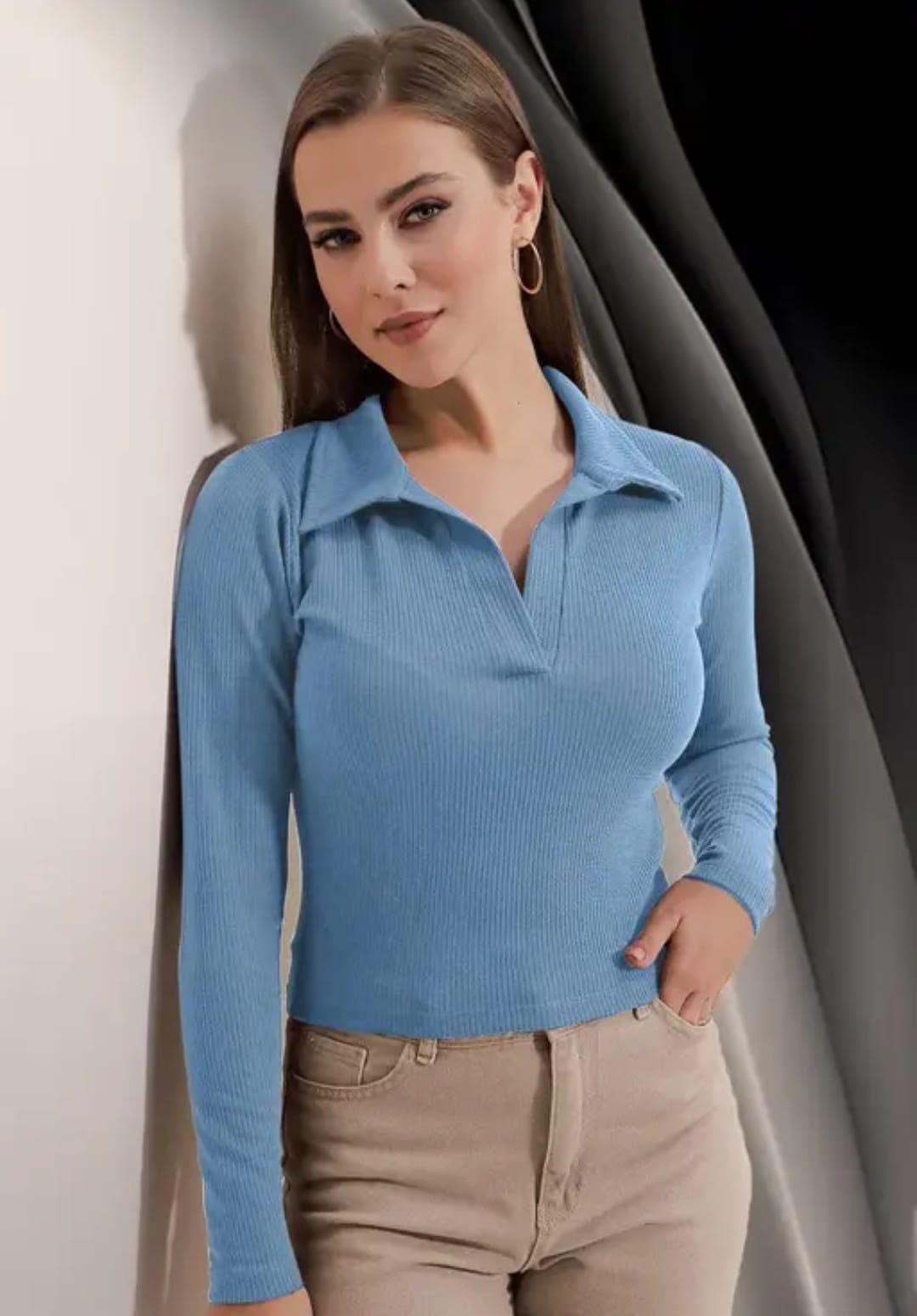 Casual Polyester Blend Ribbed Collar V-Neck & Long Sleeves Tops(20"Inches)