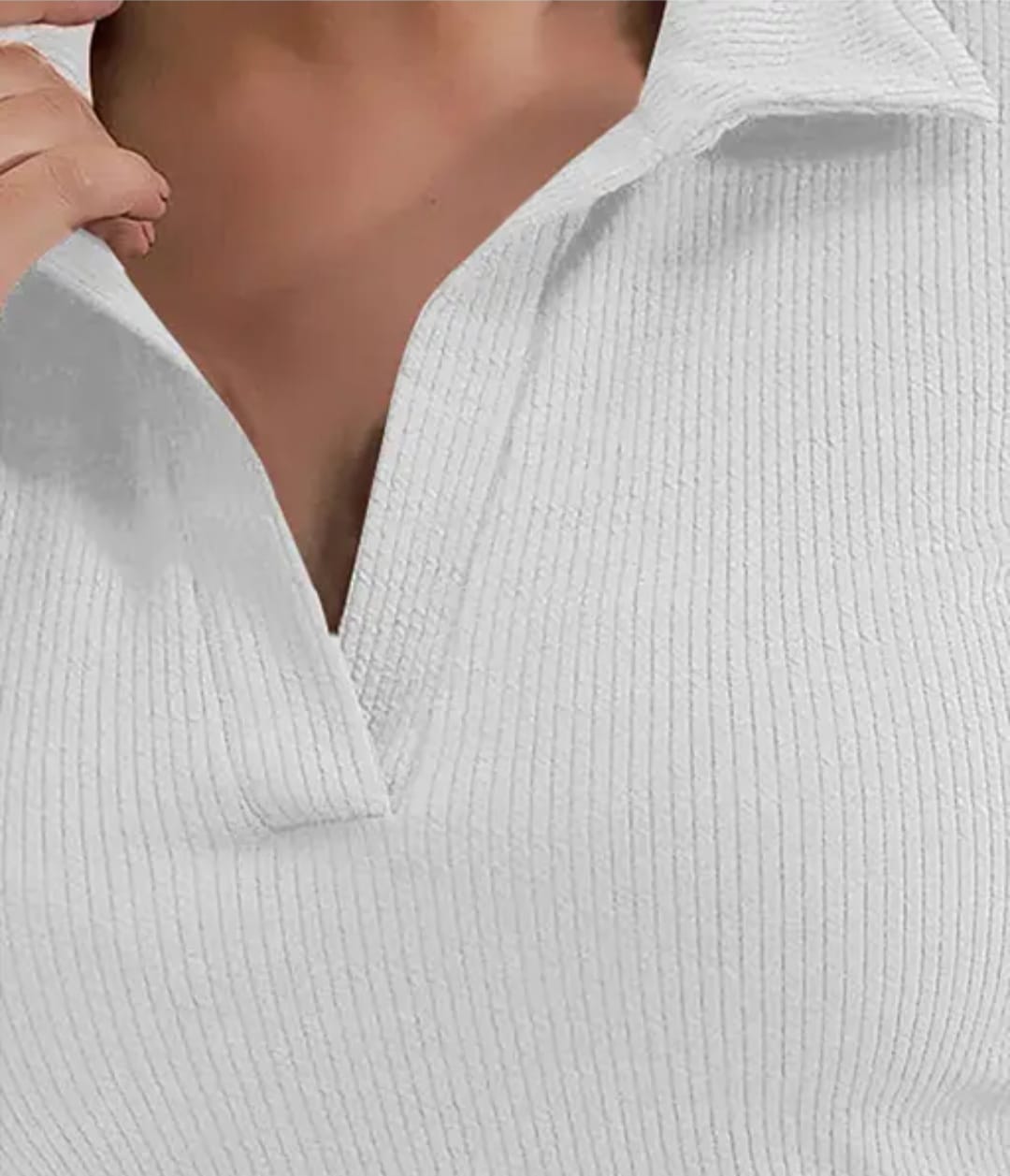 Casual Polyester Blend Ribbed Collar V-Neck & Long Sleeves Tops(20"Inches)