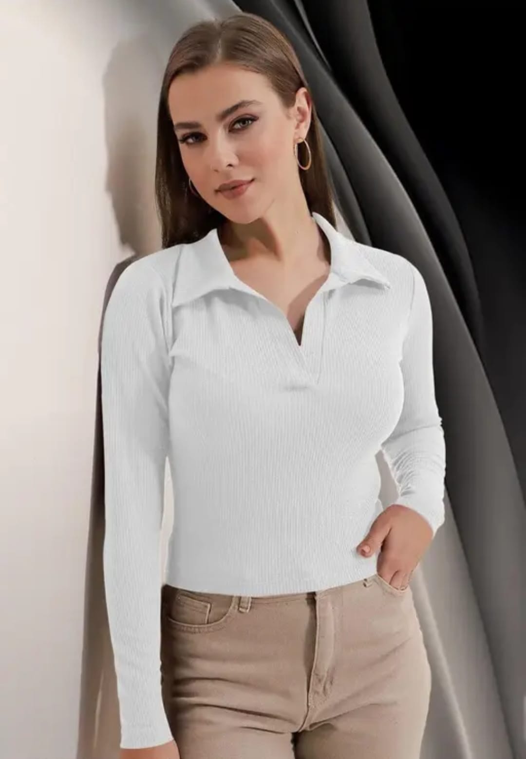 Casual Polyester Blend Ribbed Collar V-Neck & Long Sleeves Tops(20"Inches)