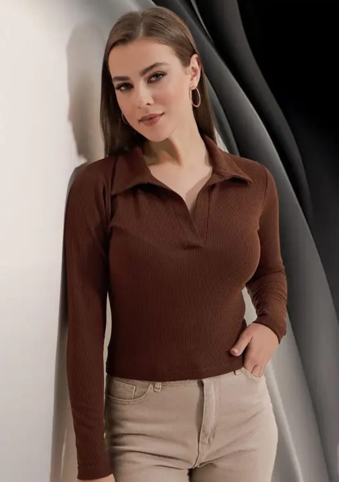 Casual Polyester Blend Ribbed Collar V-Neck & Long Sleeves Tops(20"Inches)